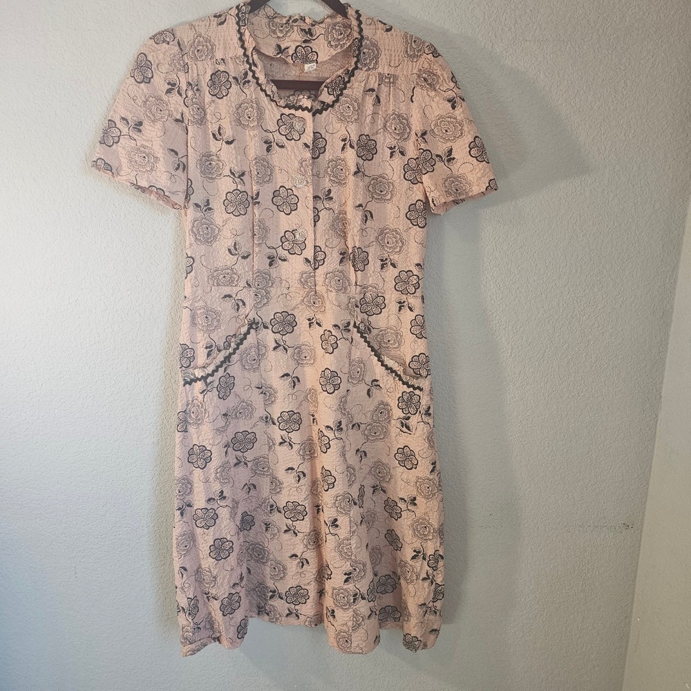 VNTG lrg 40s 50s dress mauve black pockets short sleeve‎ button detail dress